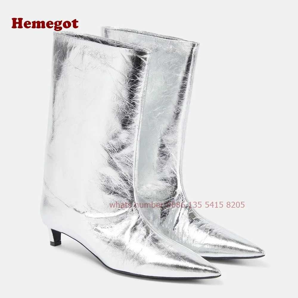 Pointed Toe Slip On Womens Boots Silver Metallic Kitten Heels Mid-Calf Boots Winter Newest Brand Luxury Runway Shoes Solid 43 Z250303