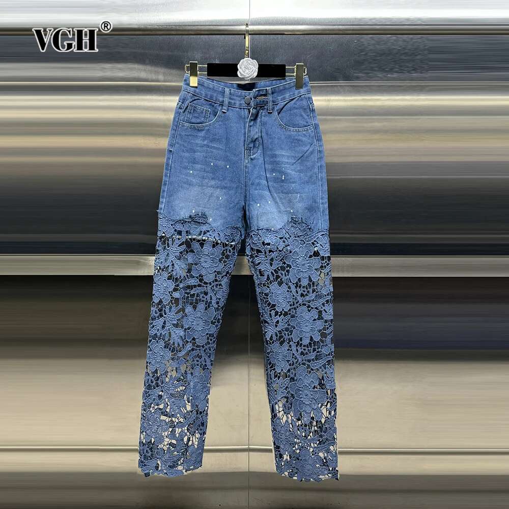 VGH Casual Hollow Out Spliced Lace Solid Jeans For Women High Waist Patchwork Pockets Minimalist Loose Wide Leg Pants Female New