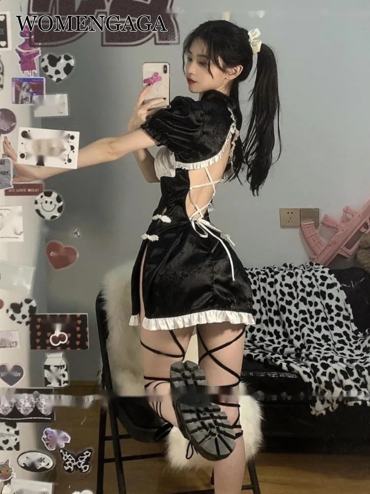 WOMENGAGA sweet Chinese cheongsam style backless Slash neck retro mini dress lace ruffles maid Lolita sexy korean top A8BG 250227