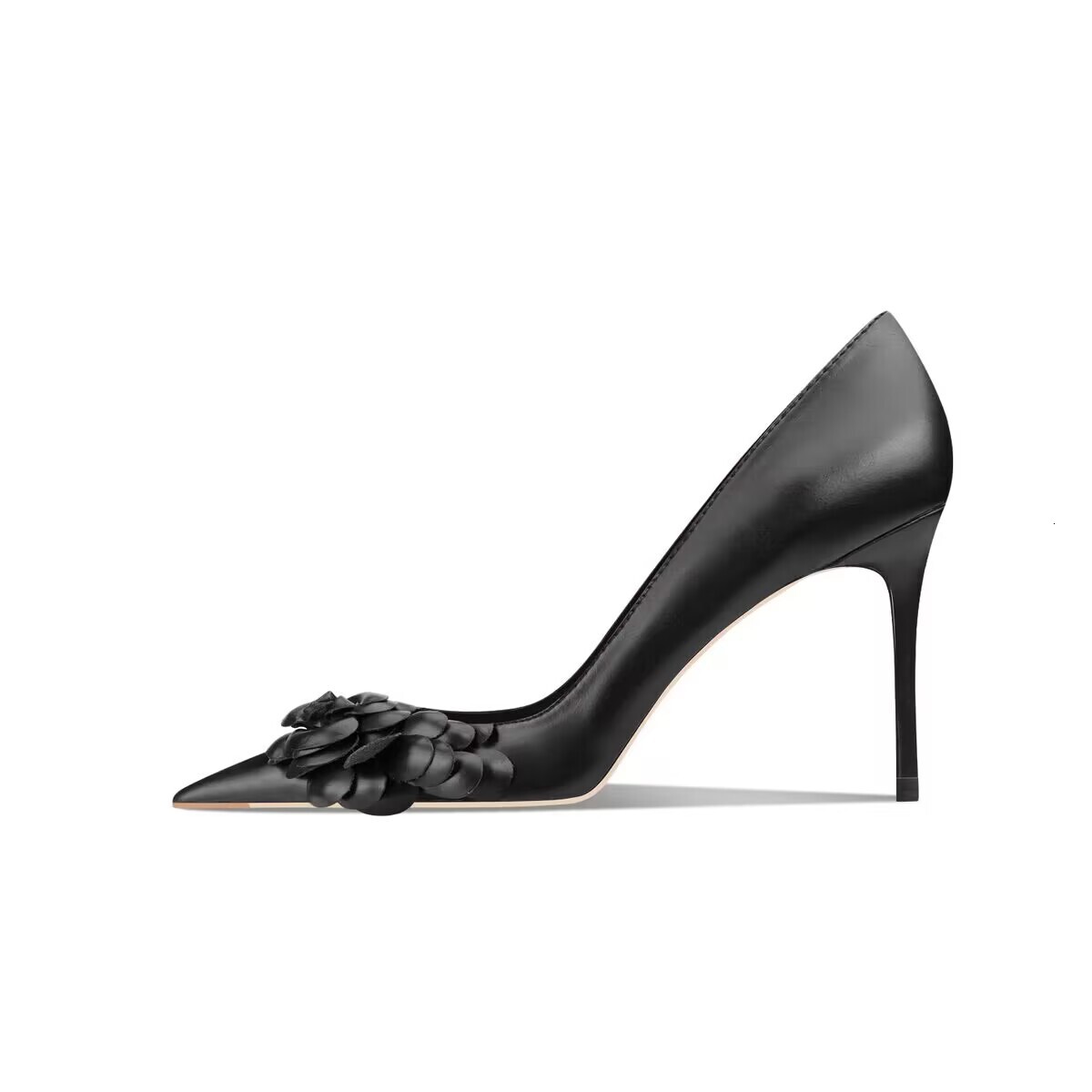 Black Camellia High Heels for Women 2024 New Style with Thin Heels, Pointed Points, Shallow Mouth, One Step Buckle Design, Comfortable Single Shoes