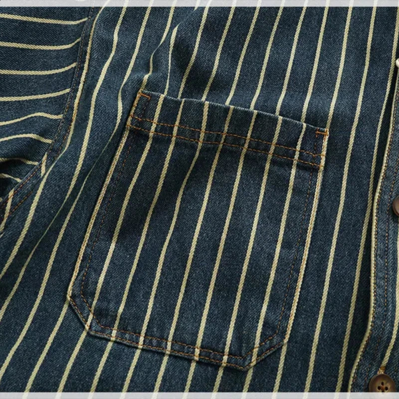 Heavy duty vertical striped cargo denim shirt mens old washed cotton elbow sticker fabric lapel long sleeved jacket 250226