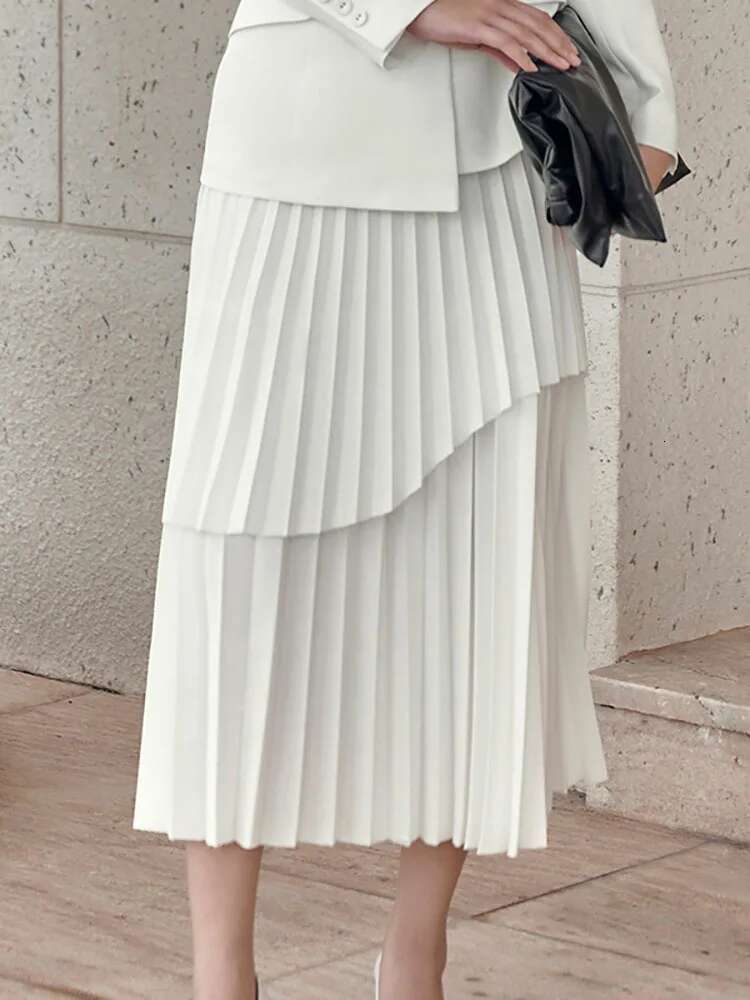 DEAT Fashion Women's 2 Pcs Set Shoulder Straps Sashes Blazer High Waist Pleated Irregular Skirt Suit Summer 2024 New 13Db3648
