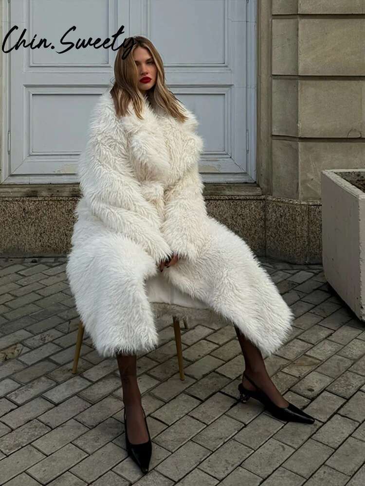 Casual Belt Faux Fur Long Women Coat Urban Full Sleeve Lapel Pocket Thicken Female Streetwear 2024 Winter Elegant Lady Outwear