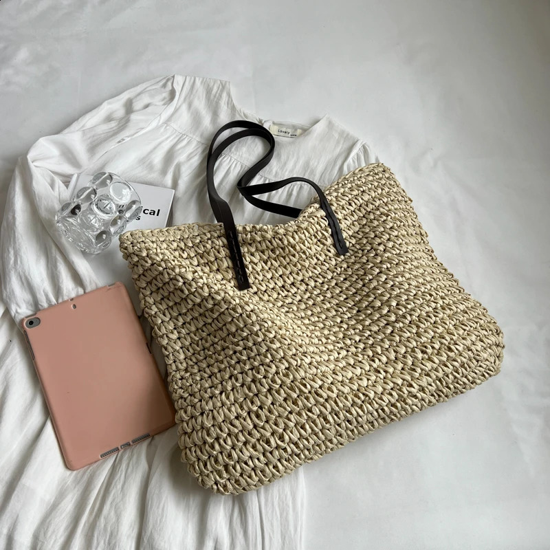 MOODS n Straw Woven Tote Bags For Women Large Capacity Shoulder Beach Bag Pure Color Summer Big Shopping Handbag 250227