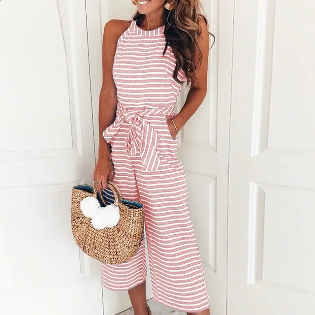 Elegant Sexy Jumpsuits Women Sleeveless Striped Jumpsuit Trousers Wide Leg Pants Rompers Loose Style Belted Leotard Overalls 250228
