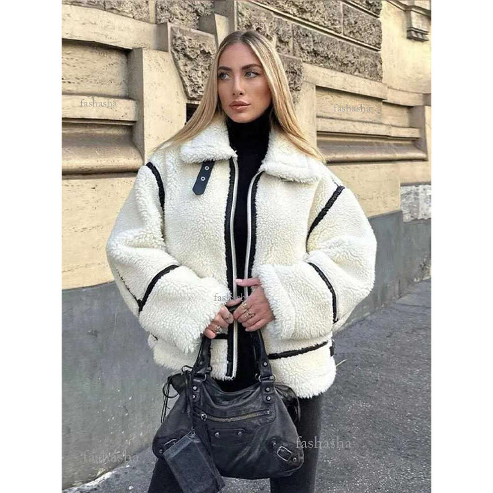 Jackets Fall/Winter Womens Womens Plush Zipper Jacket Solid Splicing Work Long Sleve Collar Motorcycle Jacket Fashion Womens Strt Warm Jacket Y24082