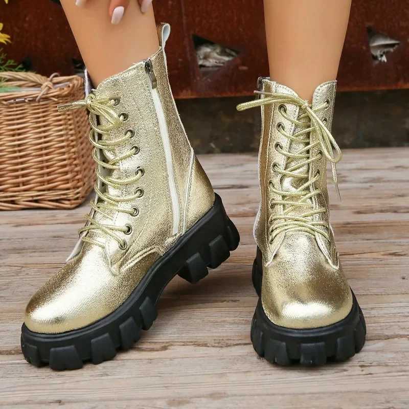 Shining gold womens boots 2023 new high top lace motorcycle boots street fashion casual platform boots womens Zapatos De Mujer Z250303