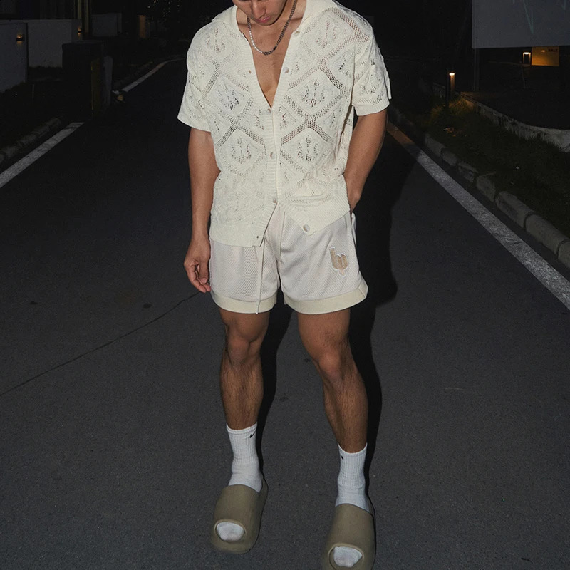 Sexy mens hollow knitted shirt retro See Through breathable knitted shirt mens summer fashion solid color short sleeved top 250224