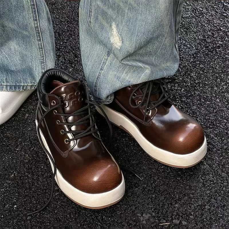 2025 Ugly and Cute Big Head Womens Boots Genuine Leather Paint Friction Lace Platform Luxury Shoes Couple Large Size Ankle Boots Z250303