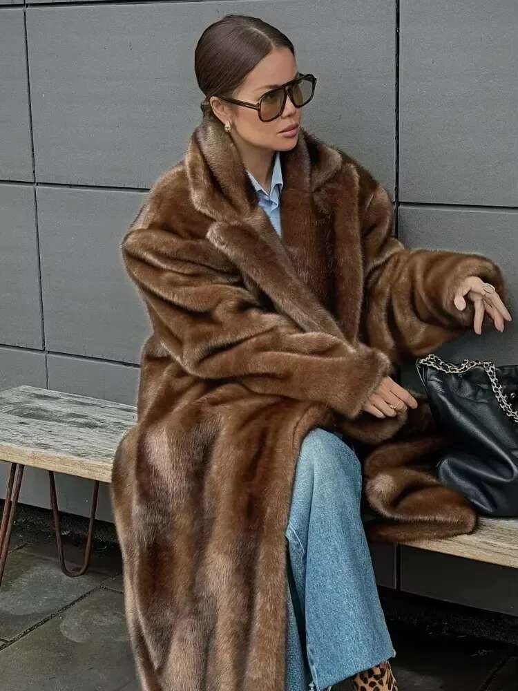 Dark Brown Faux Fur Overcoat Women Elegant Fashion Long Sleeves Oversized Jacket New Winter Chic Thick Warm High Streetwear