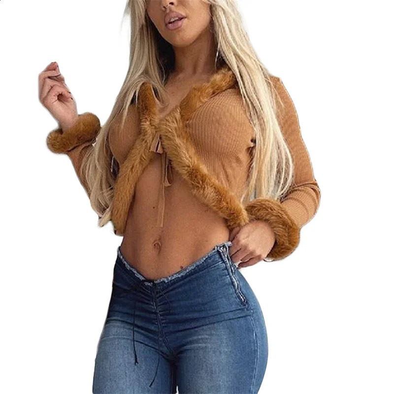 Womens Y2K Knit Cardigan Faux Fur Trim Solid Color Long Sleeve Button Down Ribbed Sweater Coat Casual Short Jacket 250225