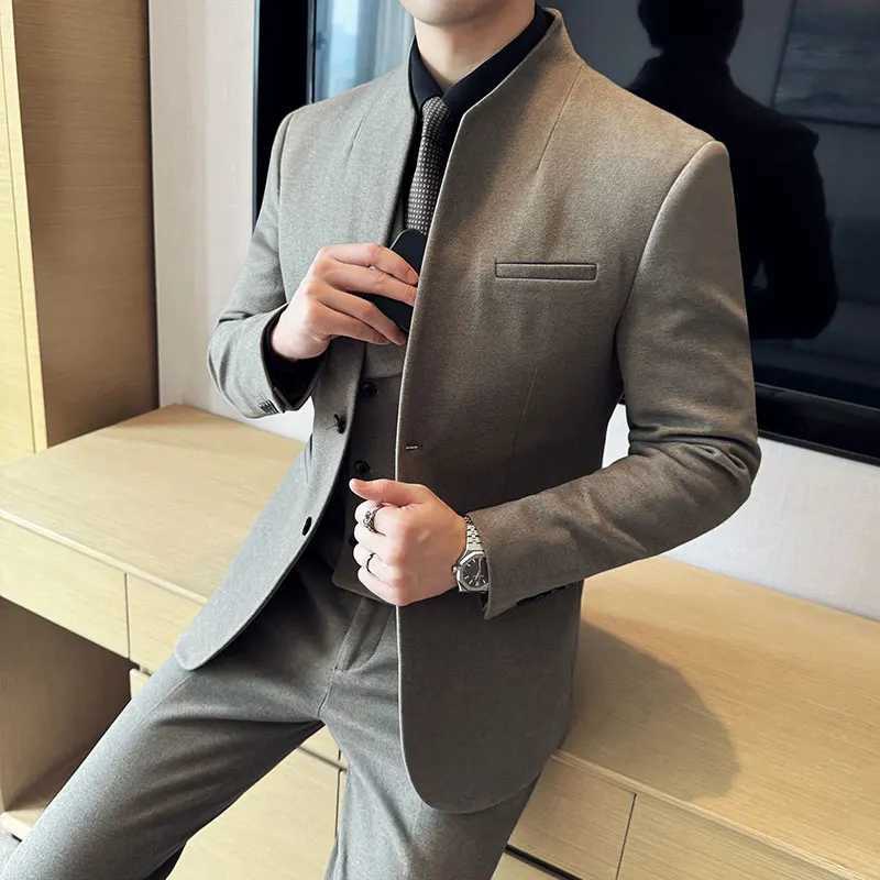 Korean Style Mens Suit Set Slim Fit Business Suit Wool Blazer Three Piece Set Elegant Social Formal Mens Clothing 5XL-M M250303