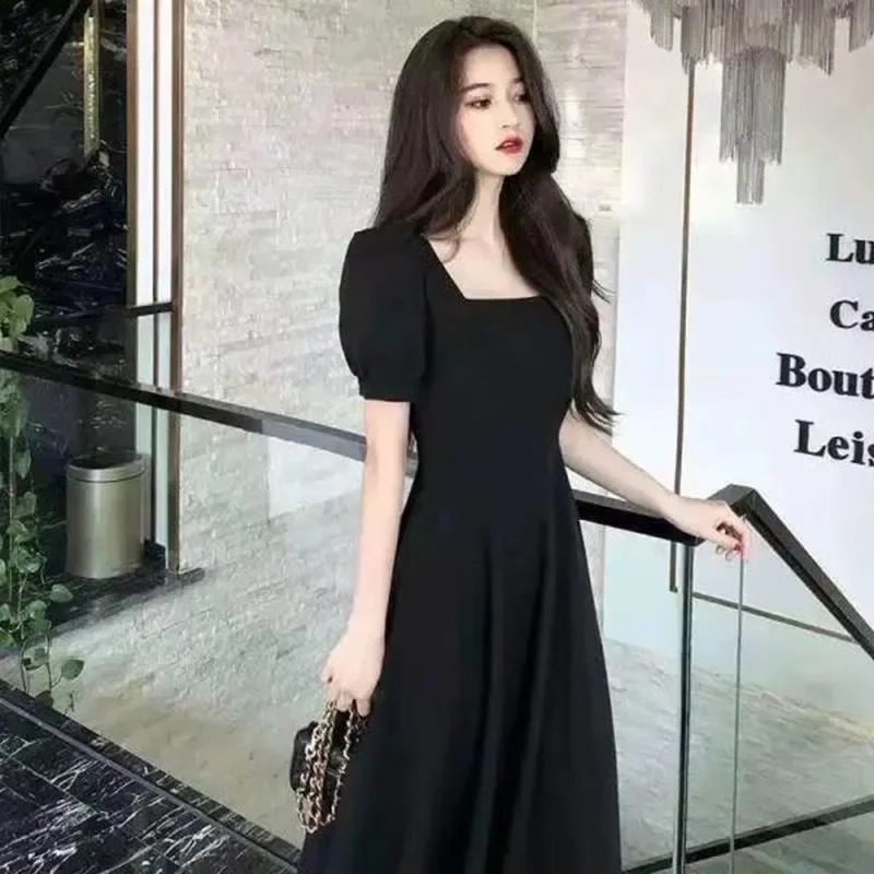 Ultra thin slim fit womens white dress with bubble sleeves square neckline light style long summer casual Korean 250303Z