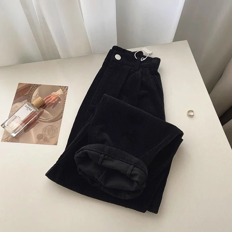 Retro High Waist Corduroy Pant Spring Fall Straight Causal Full Length Trousers Korean Fashion Baggy All Match Black 250303Z