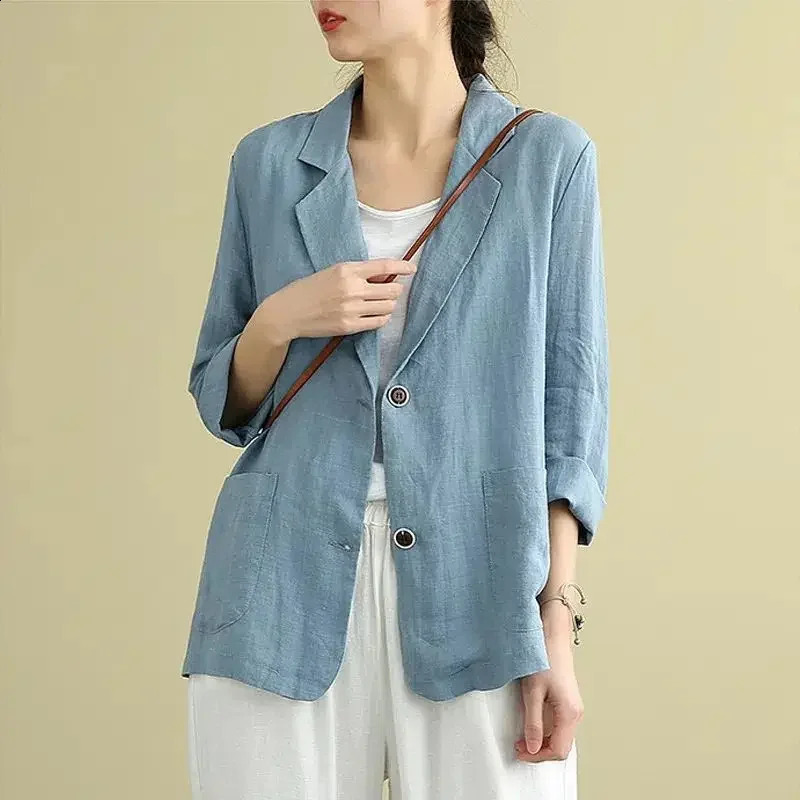 Summer Cotton and Linen Small Suit Women Blazer Fashion Thin Coat Threequarter Sleeve Casual Blazers Jacket Z944 250228