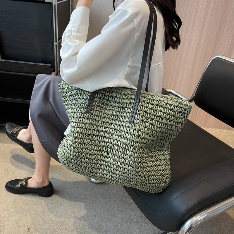 MOODS n Straw Woven Tote Bags For Women Large Capacity Shoulder Beach Bag Pure Color Summer Big Shopping Handbag 250227