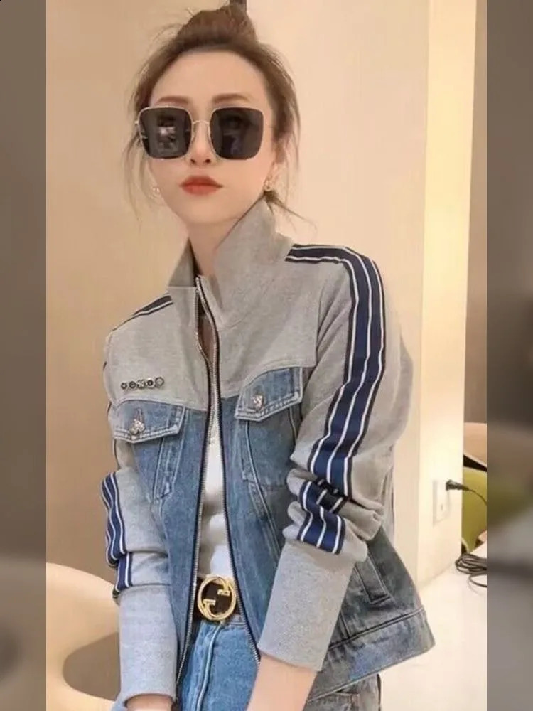 Jeans Womens Jacket Vintage Patchwork Lapel Striped Spring Thin Zipper Short Long Sleeve Tops Pockets Buttons Coats 250228