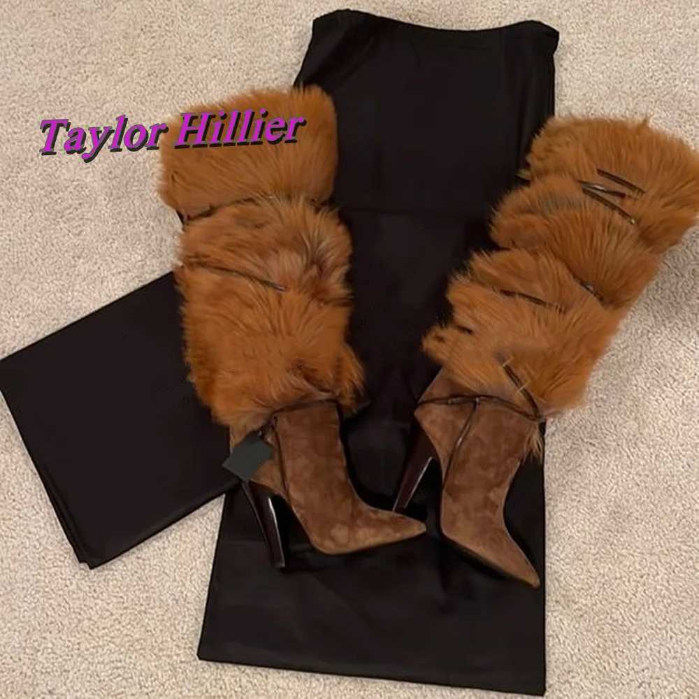 Lady Brown Suede Fur Boots Pointed Toe Luxury Narrow Band 2025 Women Dress Outwear Comfortable Fashion Shoes New Arrival Z250303