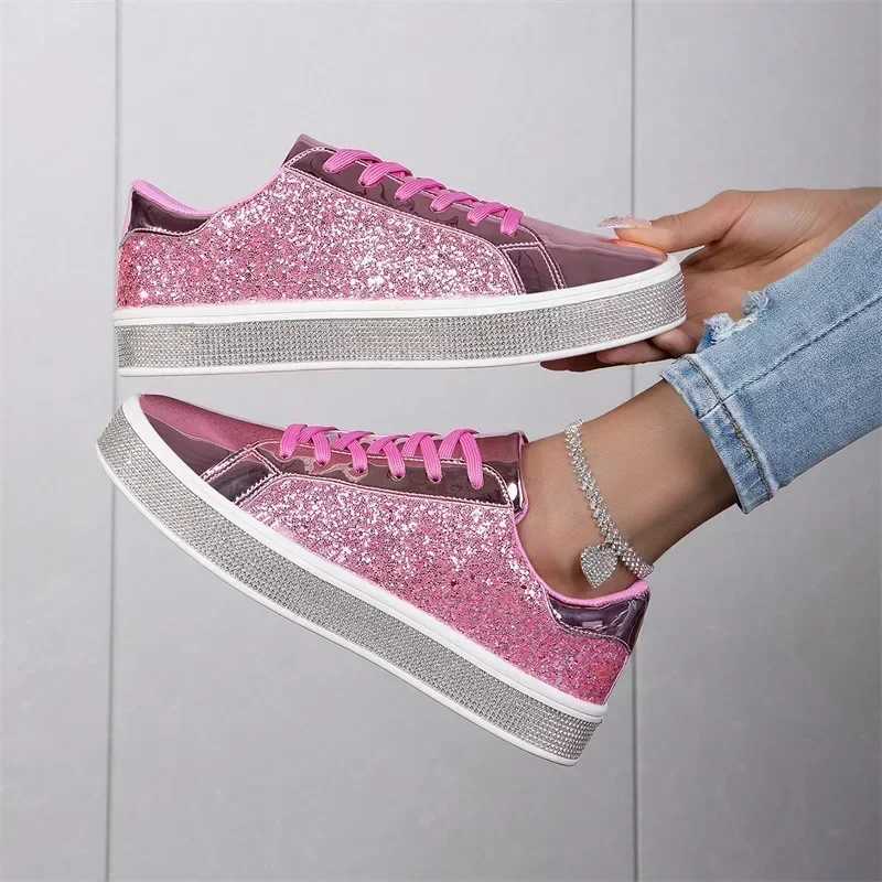 Sequin Pink Leather Tennis Glitter Slip on Casual Sneaker Women Spring Autumn Comfort Lace-up Flat Gold Womens Shoes M250303