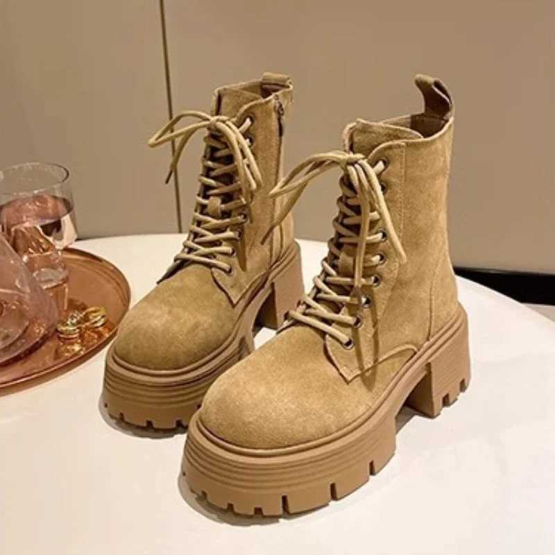 Laces Ankle Boots Women Fashion Leather Suede Platform Boots Side Zipper Design Short Boots British Style Ladies Snow Boot Z250303