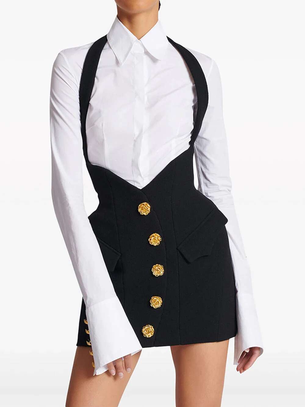 Modphy 2025 New Fashion Splicing Metal Rose Buckle Slim Fit Suit Blazer Halter High Waist Design Mini Skirt Women's Set Outfit