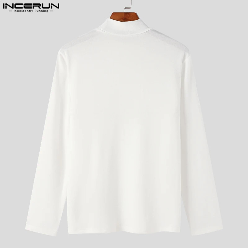 INCERUN Mens T Shirts Solid Color Turtleneck Long Sleeve Fitness Streetwear Shirts Hollow Out Zipper Casual Mens Clothing 250226