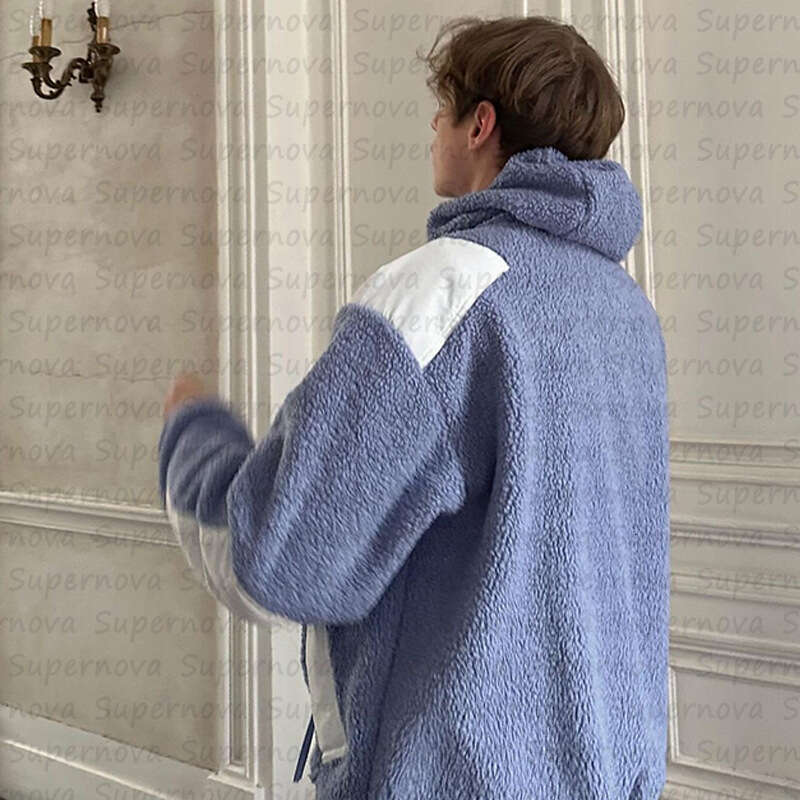 Trendy American Street Lamb Men's Thick Fleece Jacket Warm Hoodie Splicing Coat