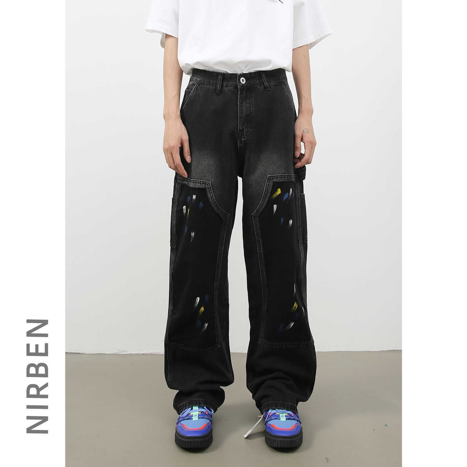 American high street straight drum splash-ink jeans men's retro brand loose straight drum wide leg pants J250303