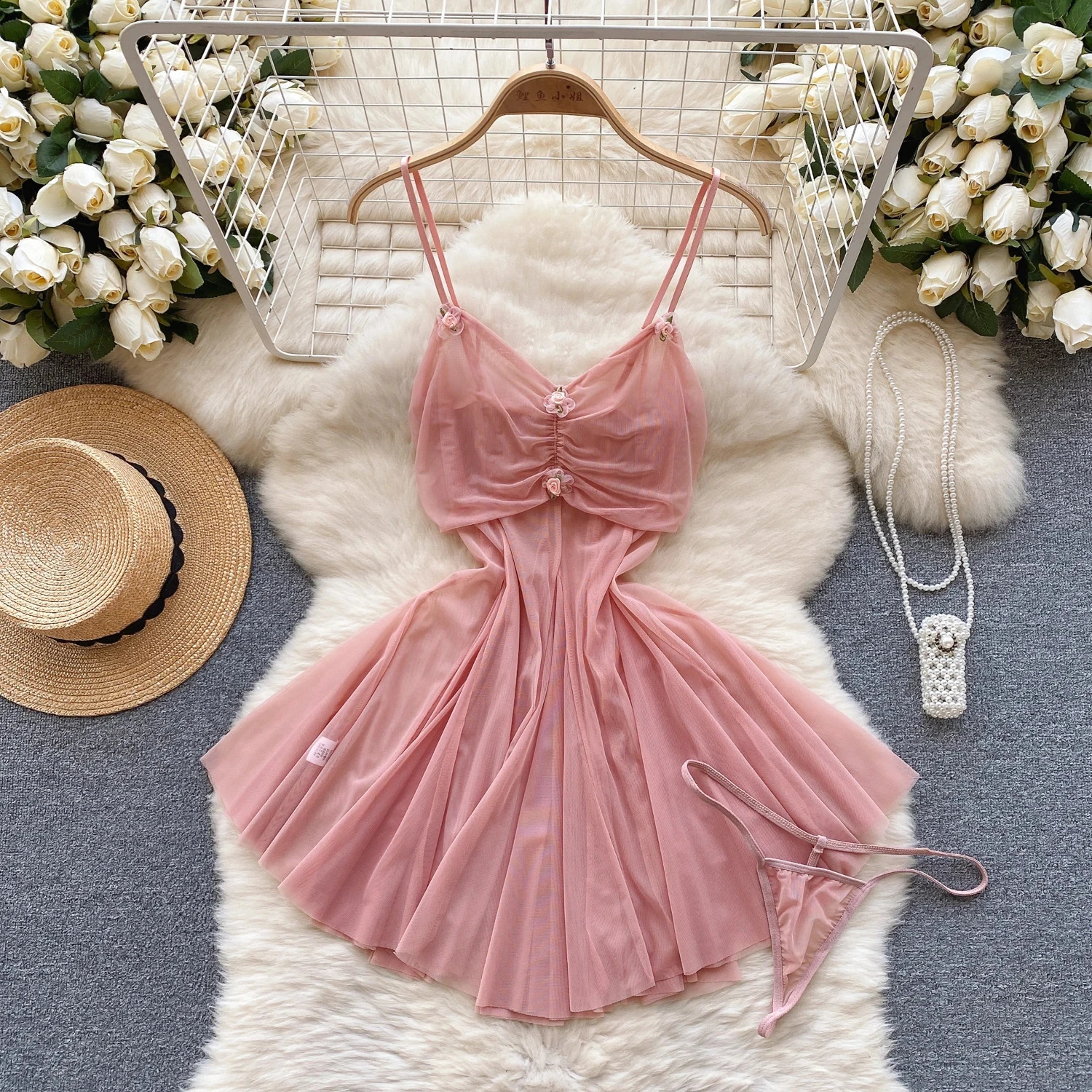 Sensual Transparent Gauze Camisole Short Night Dress Ladies Folds Flower Ball Gown Sleepwear Nightwear Women Sweet Sexy Pajamas 250227Z