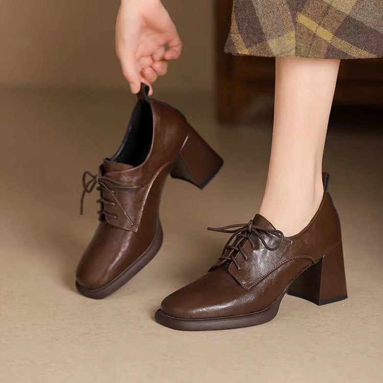 Spring 2023 Loafers Leather for Square Toe Chunky Heel Shoes Casual Black Lace-up Women New Pumps e5ac