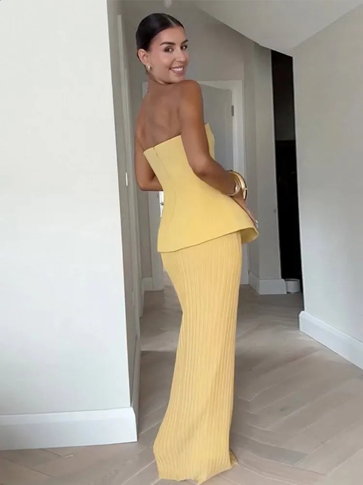 Elegant Strapless Tube Top Skirts Suit Women Sleeveless Backless Tank Slim Long Pleated Skirt 2025 Spring Summer Lady Outfit 250228