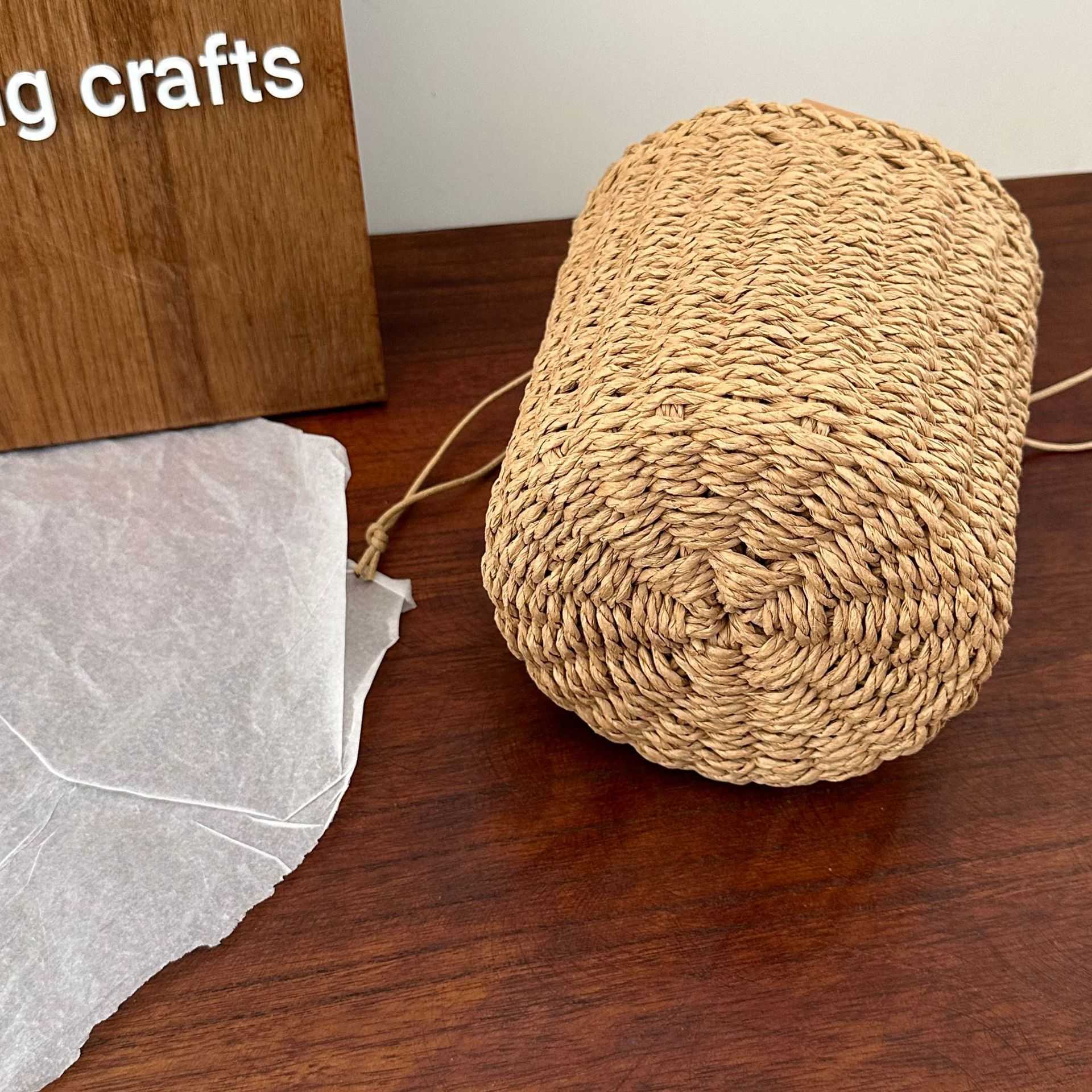 Fashionable small fresh cylindrical bag, paper rope woven bag, forest series hand-held bucket bag, casual drawstring beach bag, women's bag