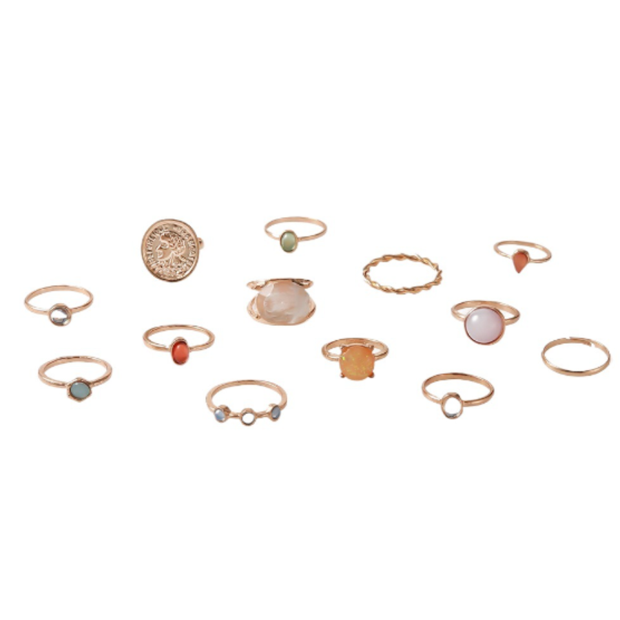 Women's Vintage Jelly Color Engraved Ring Set with Diamond Embellishments - Creative Style Jewelry