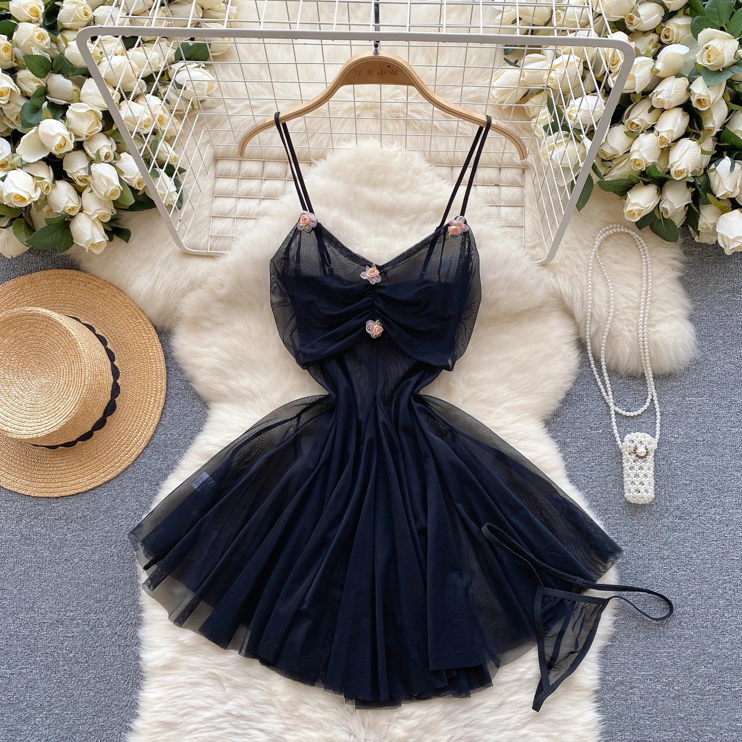 Sensual Transparent Gauze Camisole Short Night Dress Ladies Folds Flower Ball Gown Sleepwear Nightwear Women Sweet Sexy Pajamas 250227Z