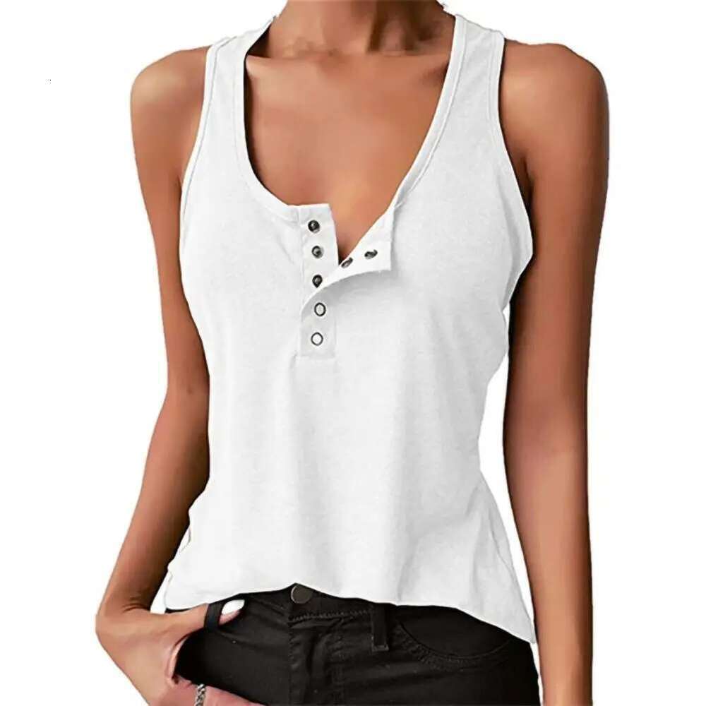 Tops U Women's Neck Women Tank Vest Snap Buttons Ribbed Camisole Summer Loose-fitting Stretchy T-shirt For Fiess 2025