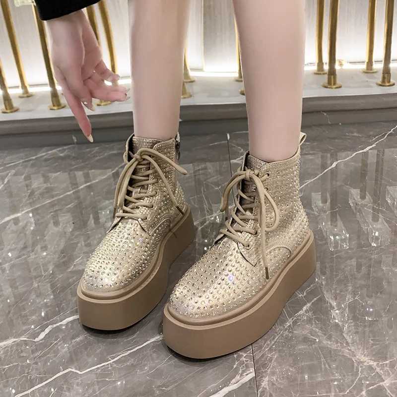 Rock Shoes Womens Zipper Flat Shoes Boots Womens Crystal Round Toes Luxury Designer Mid calf 2024 Rhinestone High Heels Lolita Z250303
