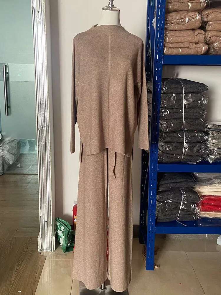 Fashion 2 Pieces Sets Women Half Turtleneck Split Sweater Wide Leg Pants Autumn Winter Loose Warm Knitted Outfits