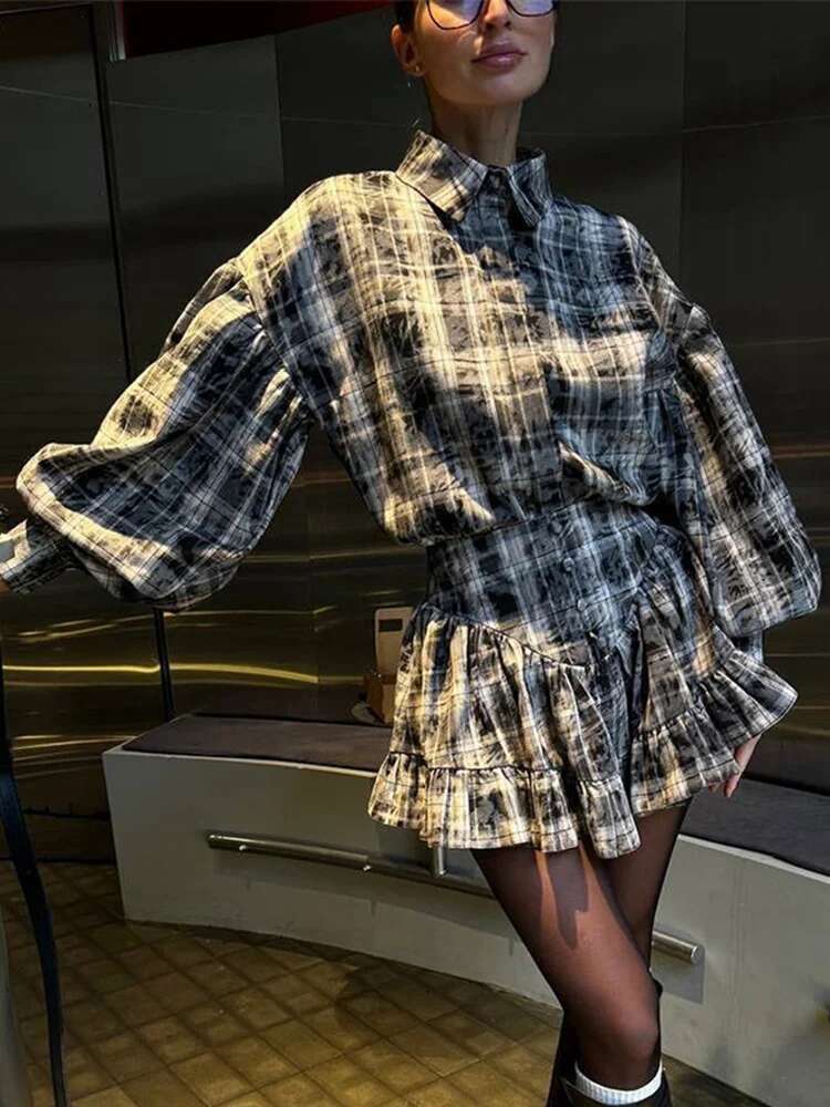 Casual Retro Plaid Women's Puff Sleeve Turndown Collar Ruffly Short Dresses Women New Fashion Vintage Loose Dress