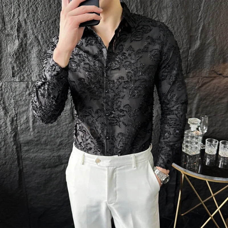 Sexy hollow shirt mens fashionable long sleeved shirt nightclub stage performance clothing casual social tailcoat streetwear 250224