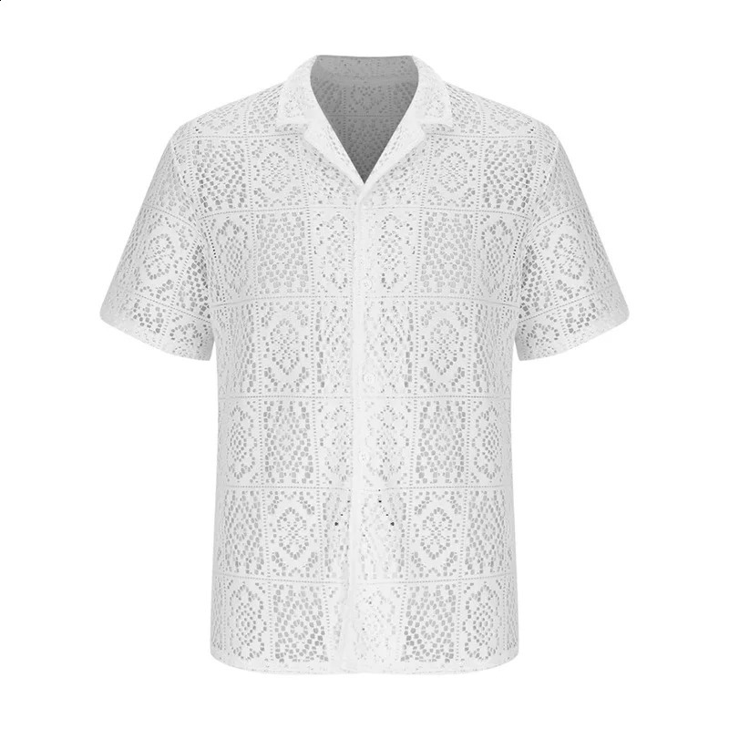 Mens Casual Short Sleeve Button Down Lace Shirts with Lapel Collar Hollow Out Solid Color Loose Fit Tops 250224