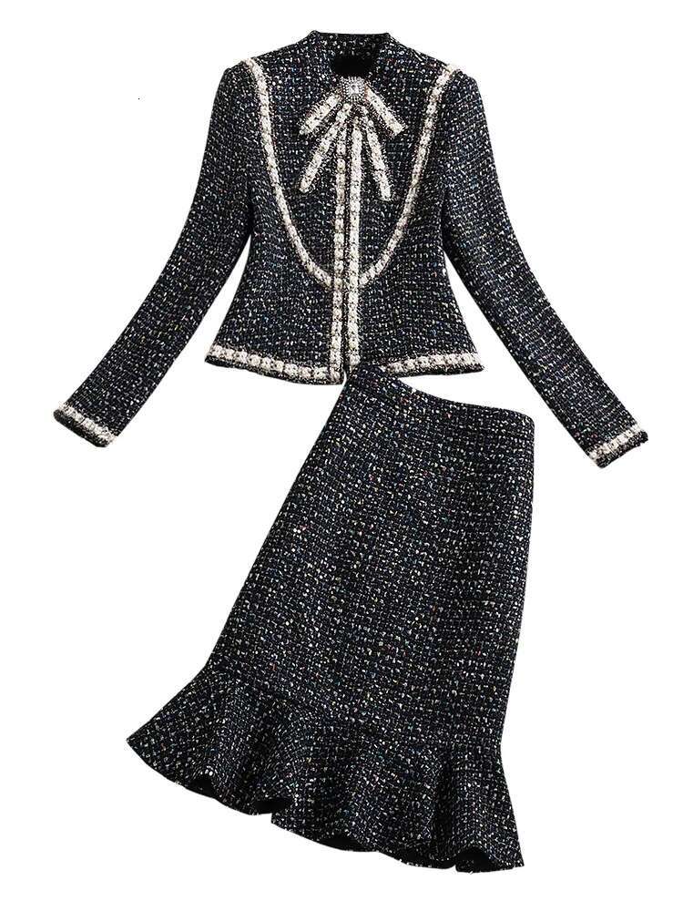 New 2024 High Quality Women Autumn Winter 2 Piece Lady Fashion Elegant Slim Woolen Coat Skirt Two-Piece Suit Tweed Sets