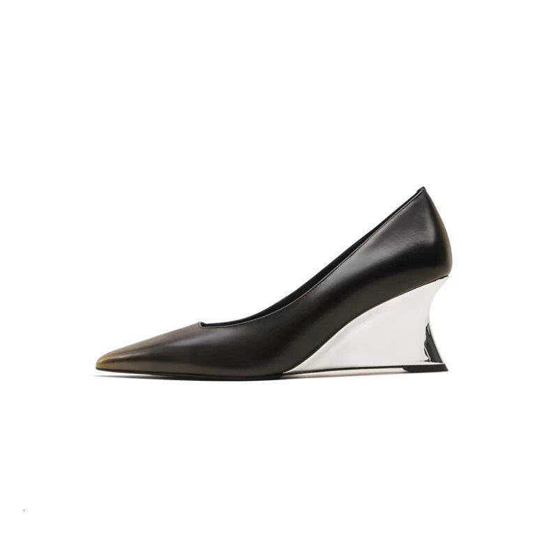 Lily liver French style socialite polished single women's 2024 new pointed toe wedge shallow mouth heel shoes