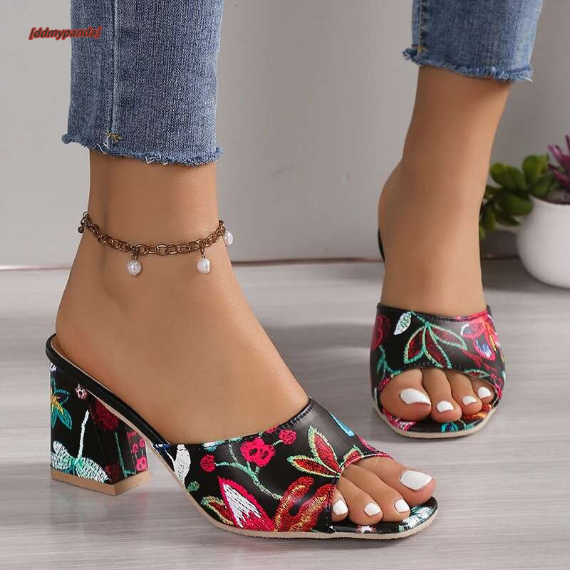 Womens Sandals Printed Summer 2024 New Thick-heeled Popular High-heeled Sexy All-match Half-slippers Open Toe Casual Basic Shoes #ddmypanda