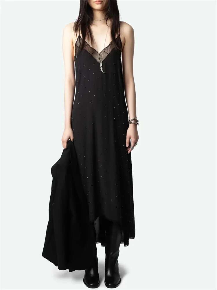 Women Lace Ing Camisole Dress 100% Viscose Hot Rhie Decoration Lady Sleeveless Black Jacquard Sg Long Robe