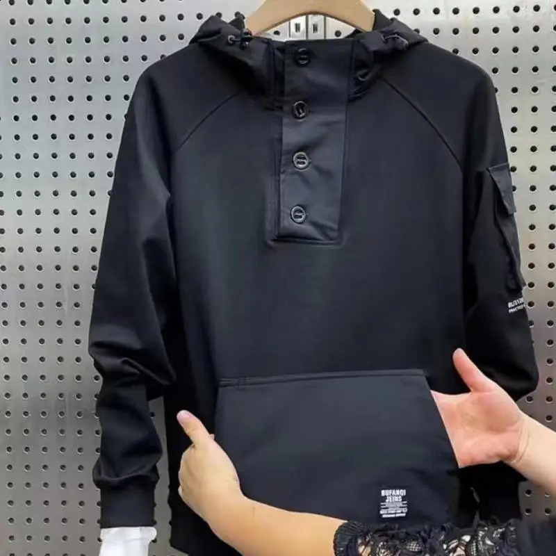 Spring er Techwear Button Hooded Tracksuit Y2K Men Cotton Cargo Hoodie Fashion Mens Patch Stitch Pocket White Hoodies 250226