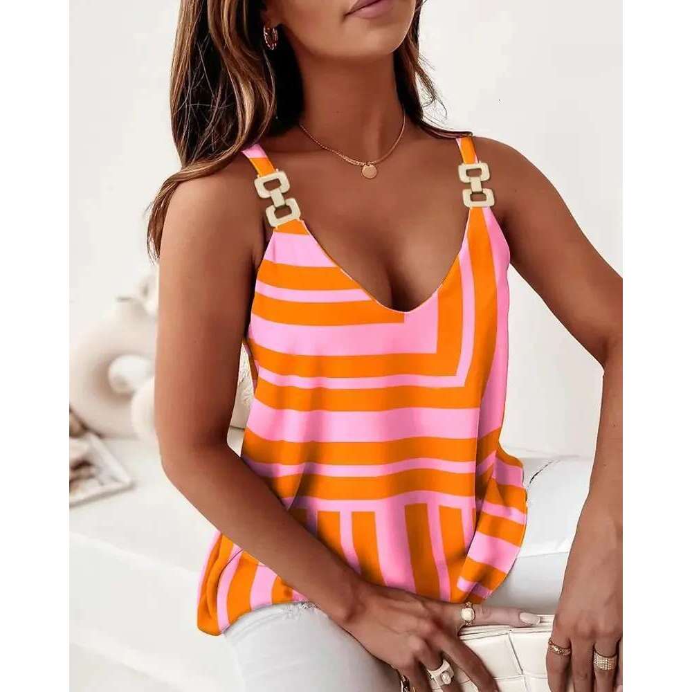 V Geometric Deep Printed Tank Women's Chain Strap Sleeveless T-shirt Summer Trendy Vest Top