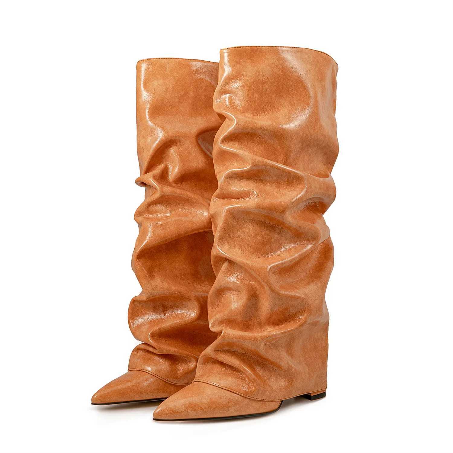 European and American Fashion Wedge Sheepskin Pattern Sleeve Knee High Pleated Boots for Womens Sexy Leopard Print Boots Z250303