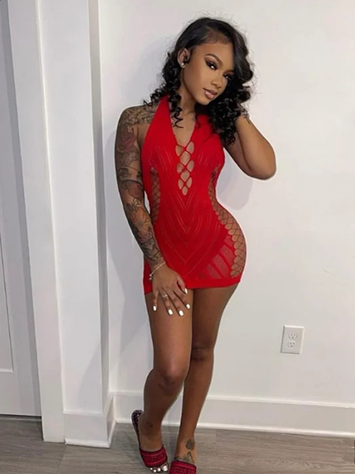 Transparent Lace Short Dress Backless Hollow Halter Nightgown Sexy Womens Pajamas Nightwear Nightdress Party Club Mini Dresses 250227Z