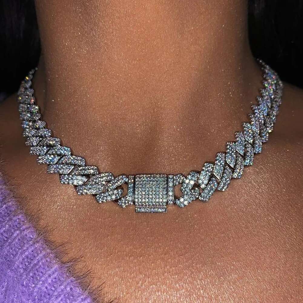14MM Dia k Chain Men Women Iced Out 2 Row Rhie Paved Rhombus Prong Cuban Necklaces Hip Hop Jewelry