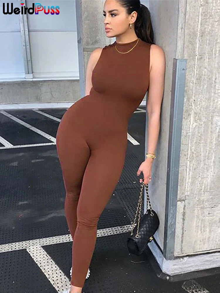 Weird Puss Fitness Women Skinny Jumpsuit Activewear Bodycon Soft Casual Stretchy Sleeveless Sporty Streetwear Workout Overalls 250228